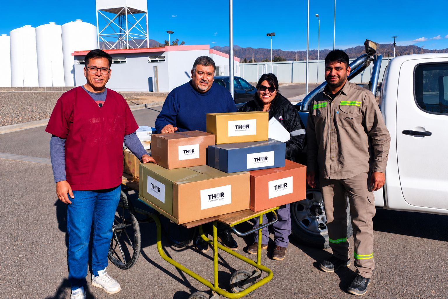 Equipo de THOR junto a un carro con cajas de THOR Exploraciones para entregar a la comunidad.